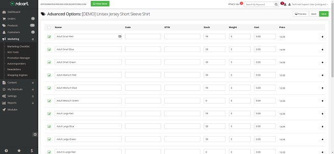 Product Page Options Matrix